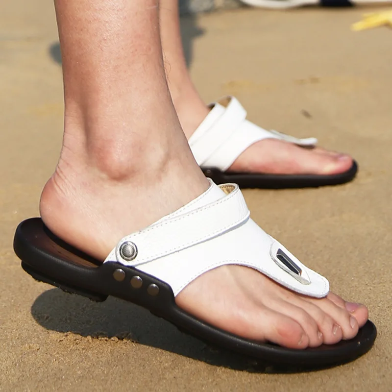 

Cow Leather Slippers Men Shoes Summer Flip Flops Beach Sandals Flat Heels Men Sandals Chaussure Homme Casual Plus Size Footwear