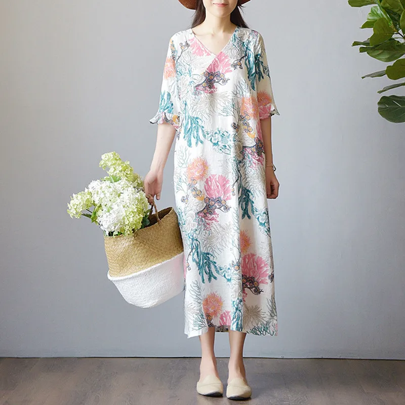 

Johnature Summer New V-Neck Butterfly Half Sleeve Vintage Dresses 2019 Women Floral Print Cotton Linen A-Linen Dresses
