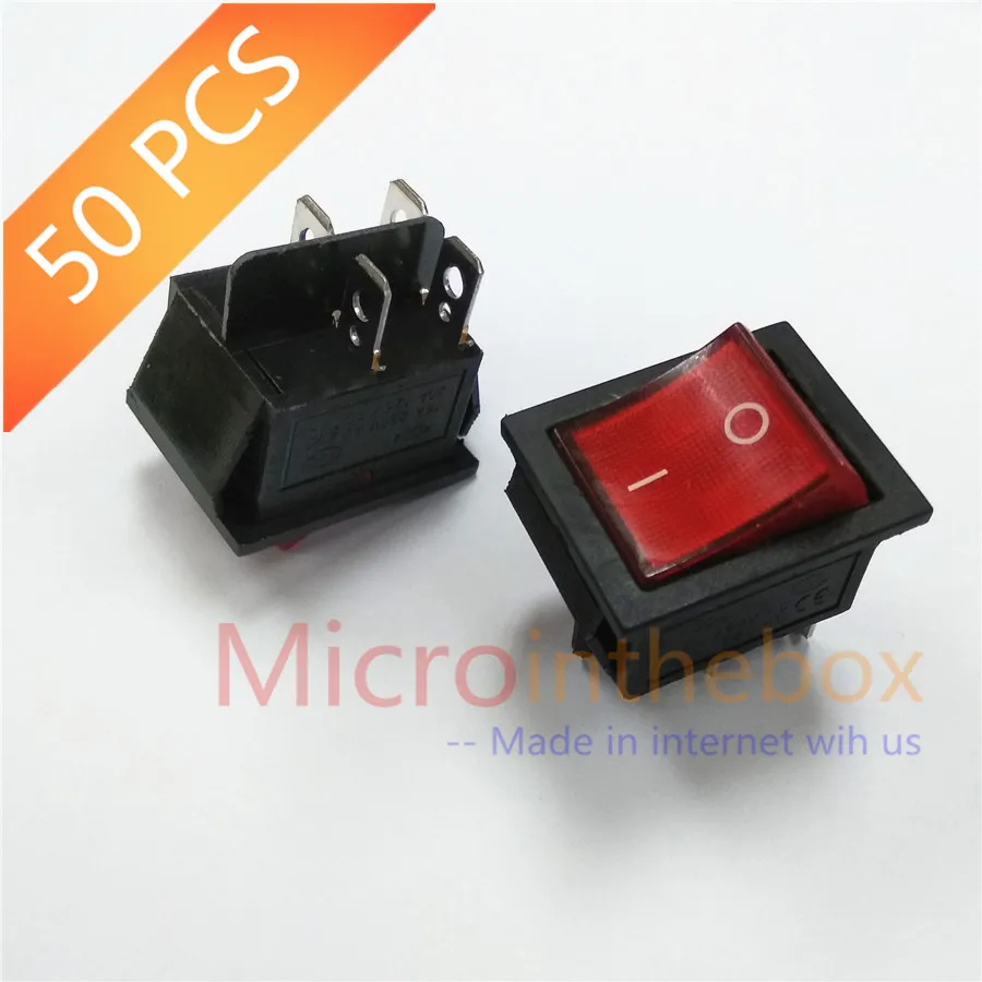 50PCS/LOT Rocker Switch with red light button KCD4 4Pin 2P2T 250V 16A