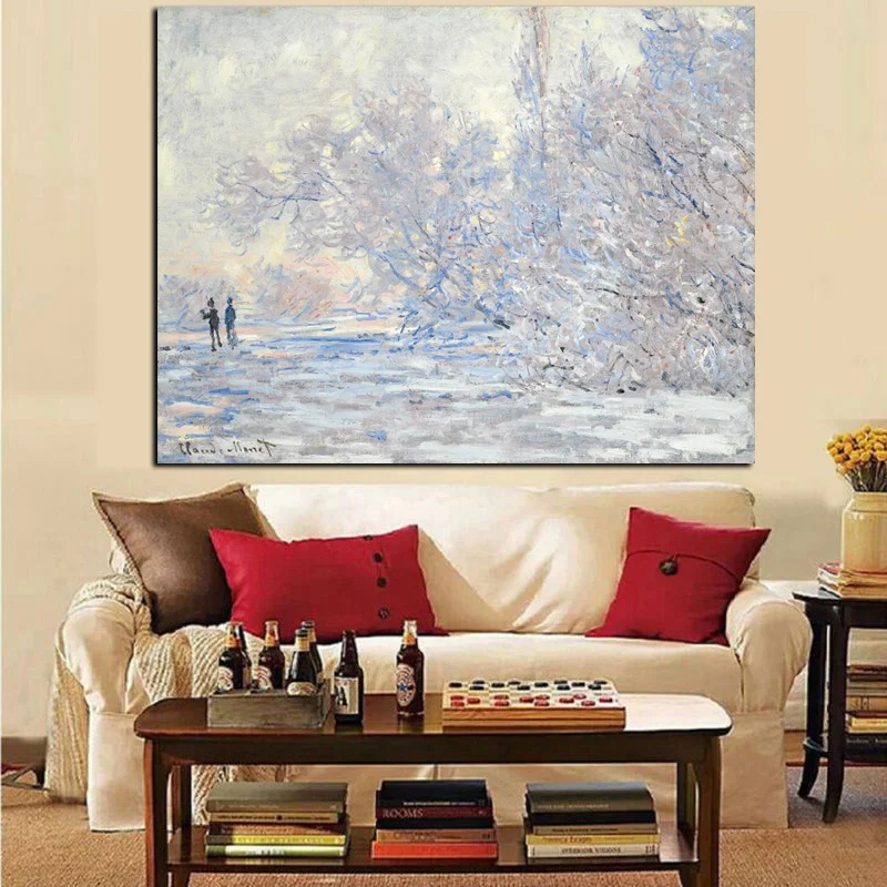 Print White Modern Claude Monet Impressionist Snow Landscape Oil Painting on Canvas Pop Art Wall Picture Poster for Living Room (2)