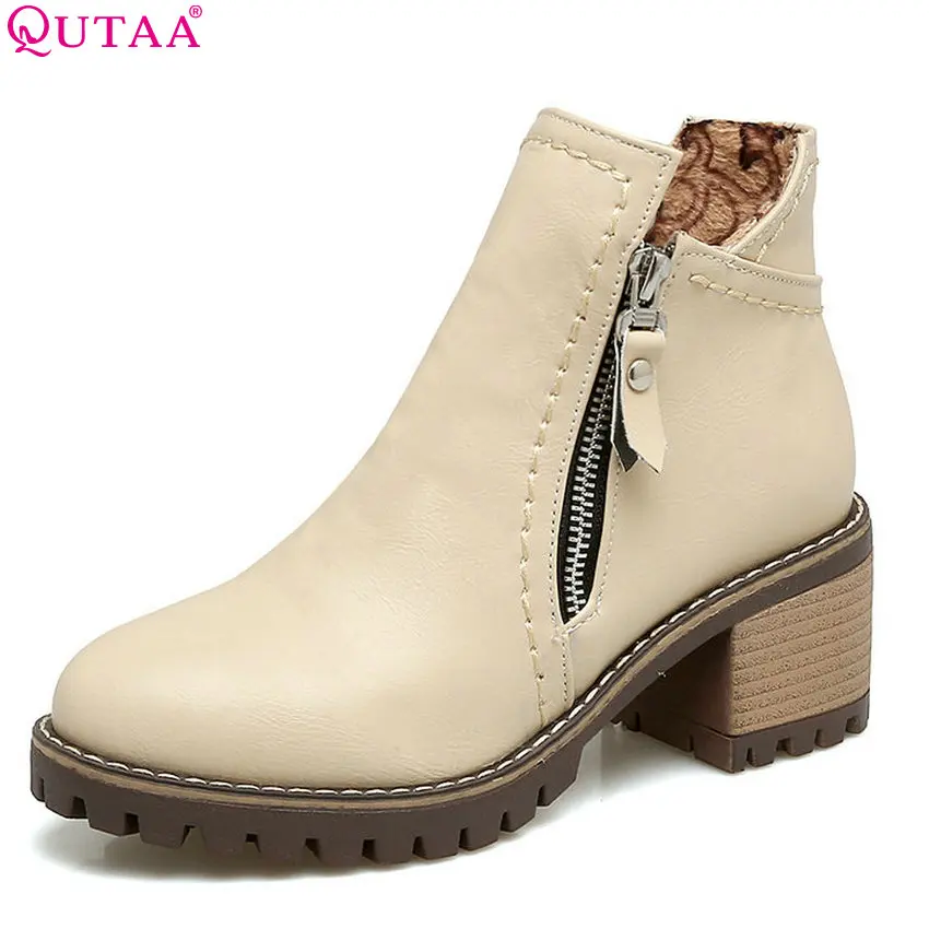 

QUTAA 2018 Women Ankle Boots High Quality Pu Leather Zipper Square High Heel Round Toe Women All Match Boots Size 33-43