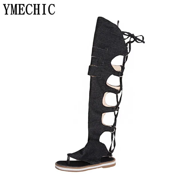 Женские джинсовые босоножки YMECHIC 2018 синие черные с перекрестной шнуровкой до