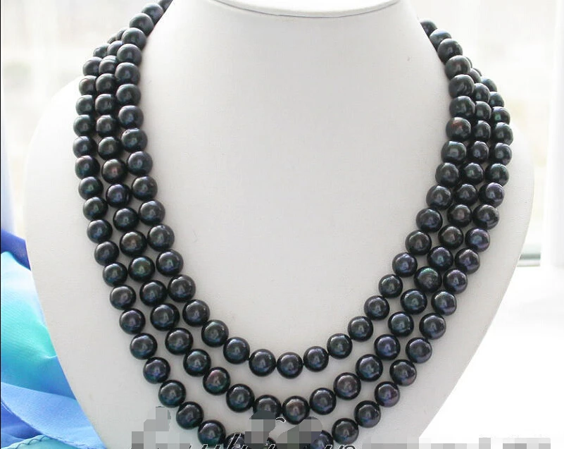 

Free shipping >>>>>z3228 3row 11mm black round freshwater pearl necklace lapis