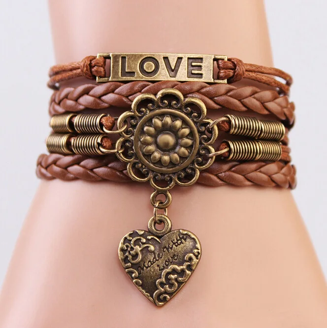 

1 PCS Vintage Infinity LOVE Heart Flower Friendship Antique Copper Leather Charm Weave Bracelet Lady Gift