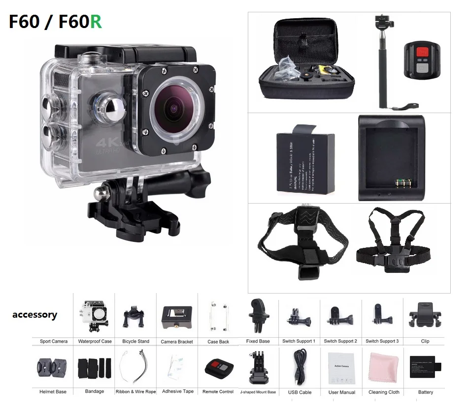 Prix pour Action Caméra F60/F60R 2.4G à distance ultra hd 4 K 12mp caméra vidéo d'action étanche extreme pro Sport caméra + Option Prix pour Action Caméra F60/F60R 2.4G à distance ultra hd 4 K 12mp caméra vidéo d'action étanche extreme pro Sport caméra + Option