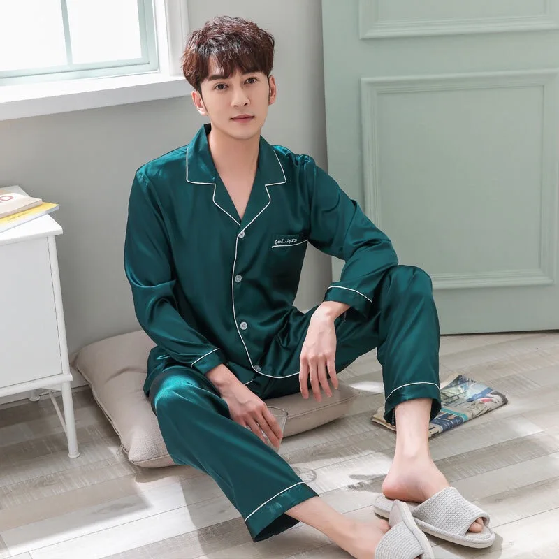 

2019 Solid Satin Men Pajama Sets Summer Full Sleeve Autumn Silk Men Sleepwear Suit Casual Two-Piece Silk Pajamas Man Pyjama XXXL