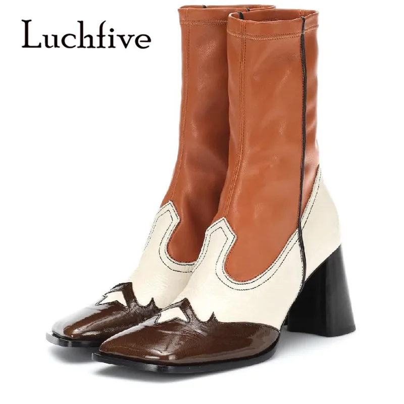 

2019 Mixed Color Square Toe Fretwork Ankle Boots Slim Fit Elastic Sock Style Boots Autumn Leather Shoes Women