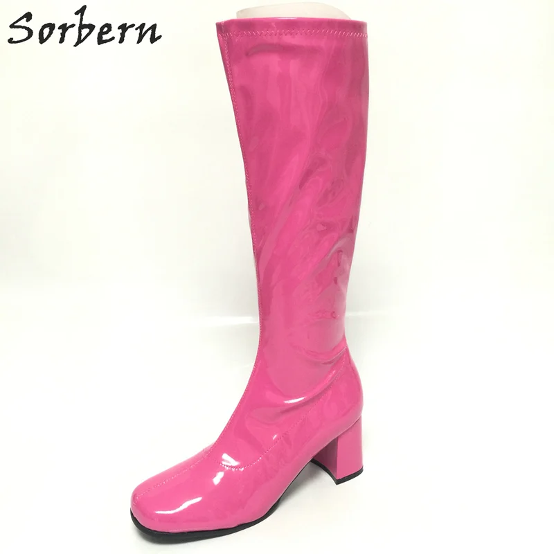 Sorbern Halloween Costumes Boots For Women Knee High Square Toe 1960 GOGO Boots Vintage 60s 70s Fancy Boots For Party Plus Size