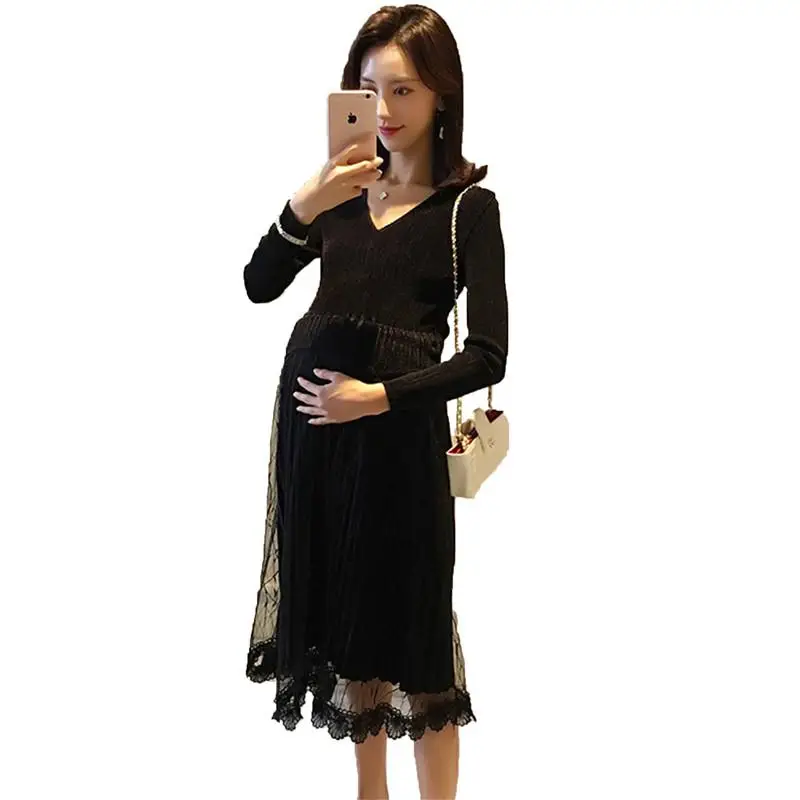 

2019 Fashion Pregnant Women Elastic Corduroy Patchwork Mesh Nursing Dress Maternity Lace Causal Vestido Pregnancy Clothes Q732