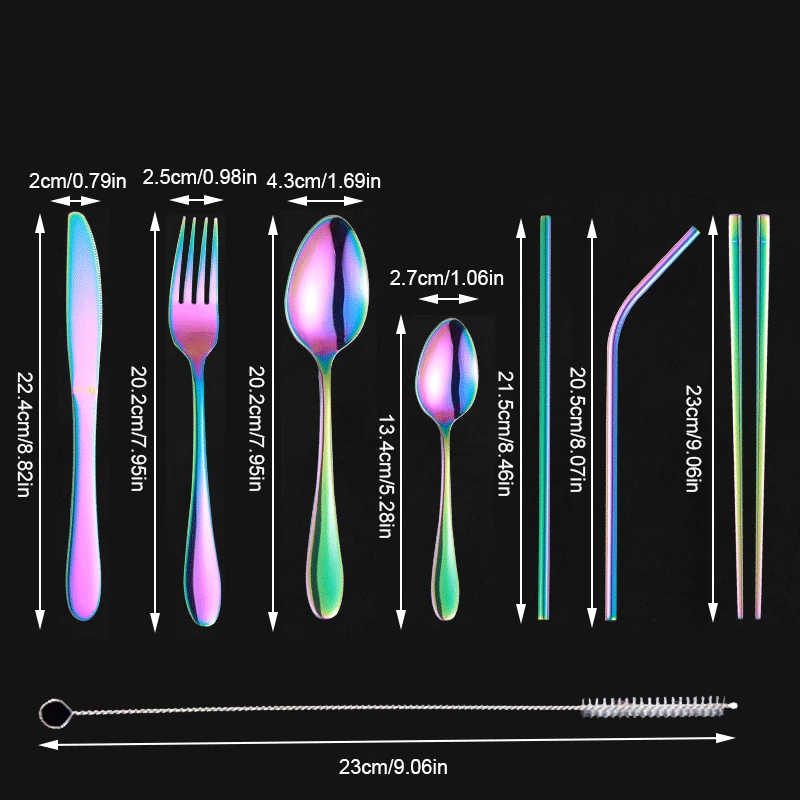 9 шт. портативный набор посуды из нержавеющей стали многоразовый вилка ложка нож соломинка щетка для чистки кемпинга путешествия набор столовых приборов с мешочком