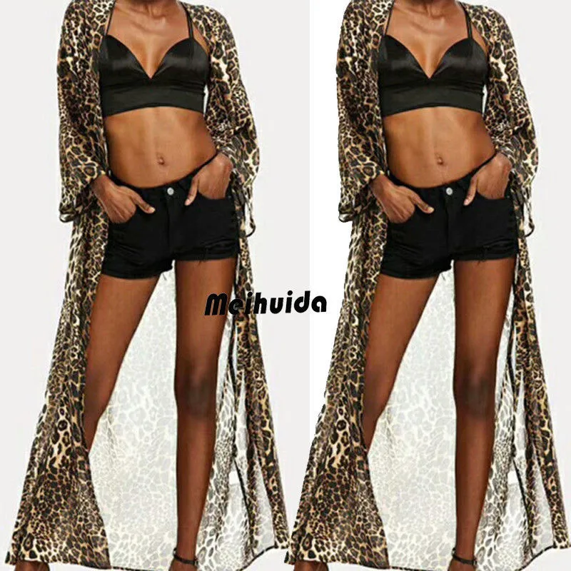 Модные повседневное Свободные Leopard для женщин шифон кимоно пальто Boho Цветочный кардиган Пляжная накидка Топ See Through летняя одежда