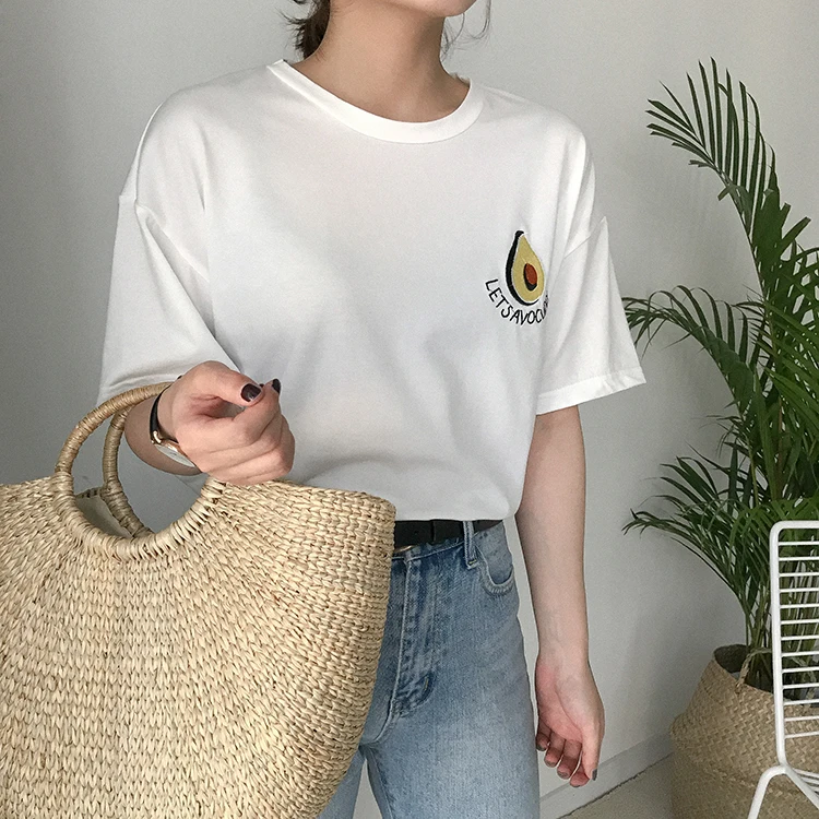 Новинка, милая футболка с вышивкой авокадо, короткий рукав, женская летняя маленькая Свежая футболка, Harajuku, женская футболка, Топ