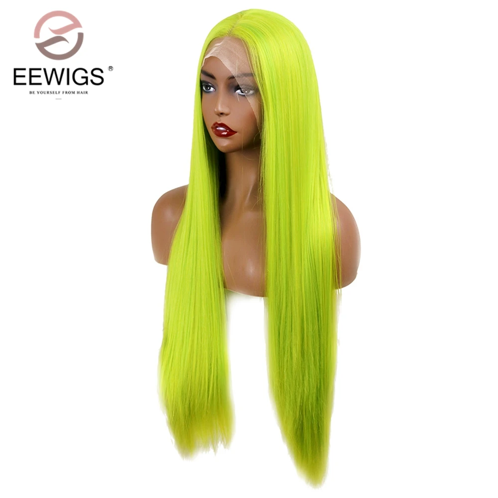 EEWIGS 2" длинные прямые волосы парики Glueless высокая температура неоновый зеленый синтетические парики на кружеве для черных женщин Drag queen