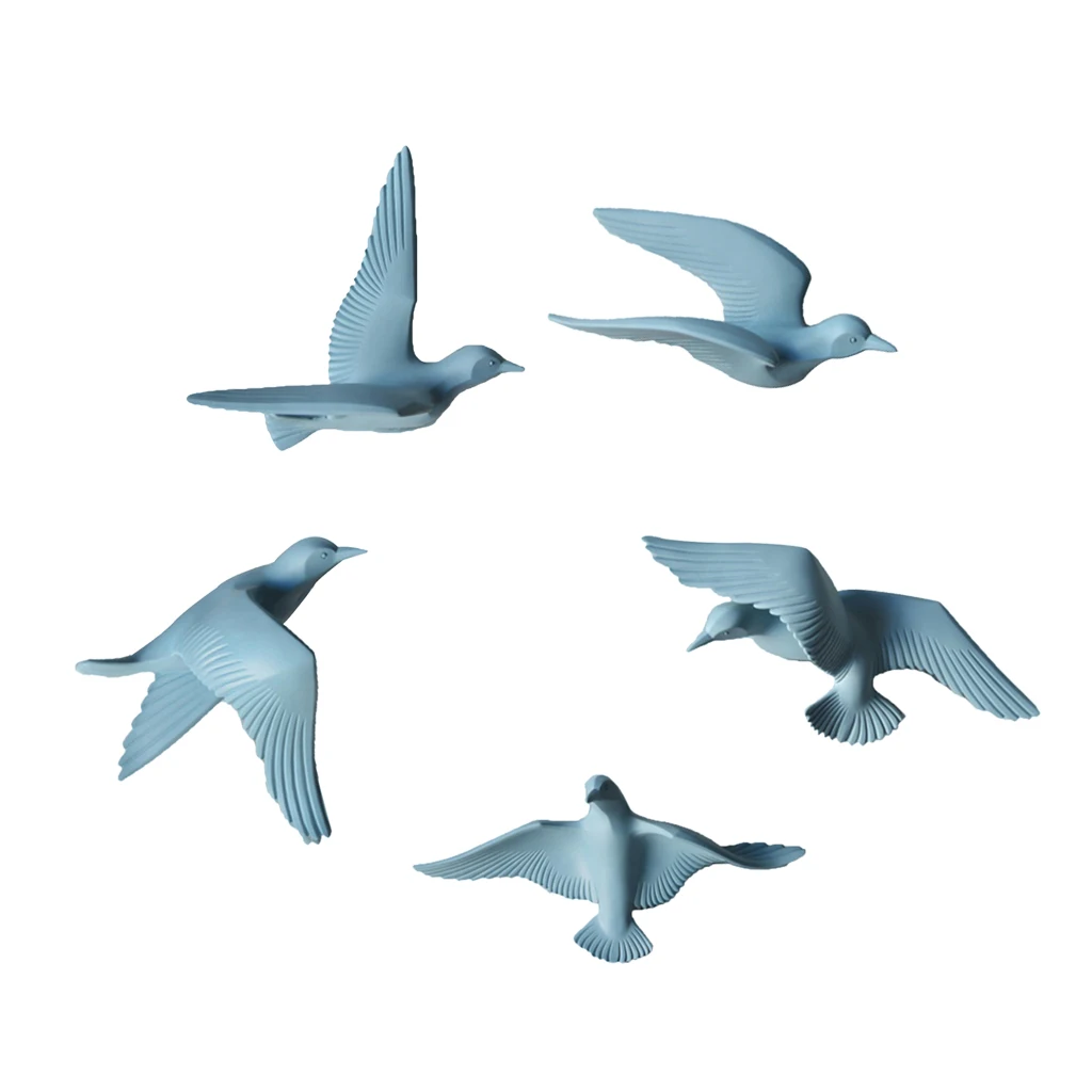 5pcs Nautical Resin 3D Birds Wall Art Murals Flying Seagull Sculpture Bedroom Wall Stickers DIY Home Hotel Decor Blue