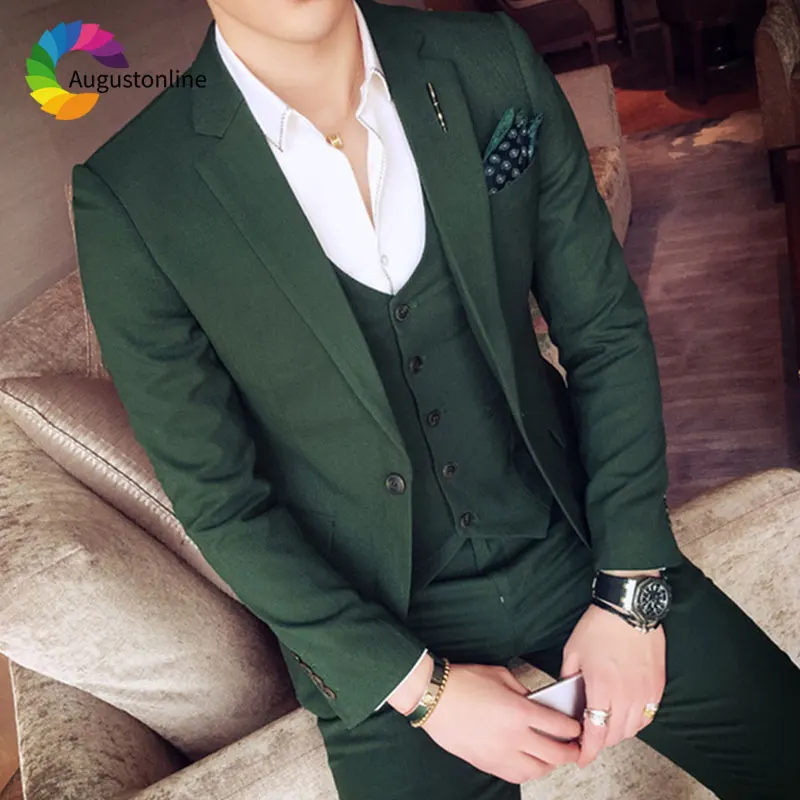 Elegent Men Suits Green Wedding Suits for Men Slim Fit Groom Tuxedos Man Blazer Jacket Pants Vest 3 Piece Costume Homme Mariage bridalaffair dark green suede mens suits 3 piece blazer vest pant set for men winter slim fit tuxedos customize suits costume