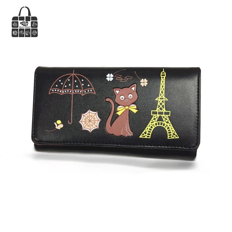 

Fashion female bag lovely cartoon Cat lady PU Leather Long Wallets Women Handbags Cash Purse Card Holder 4 color Free shipping