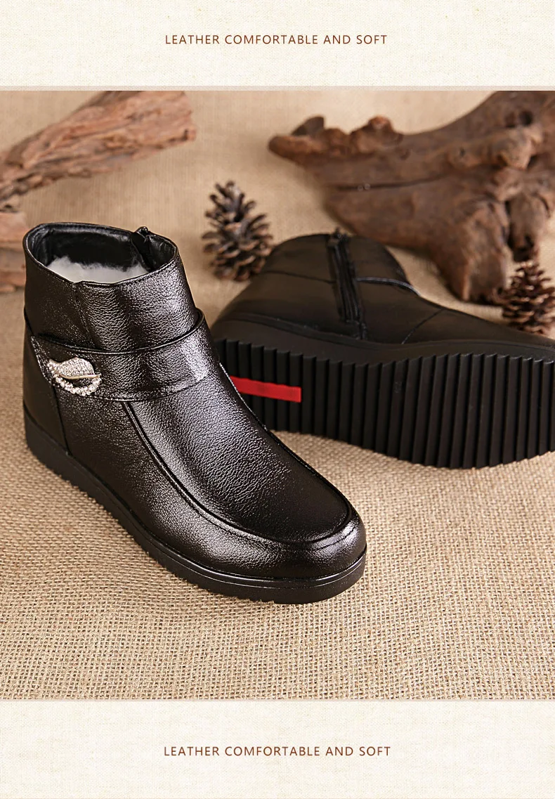 OUKAHUI/весенние черные ботинки из натуральной кожи; Femme; зимняя обувь; женские теплые ботинки со стразами; натуральная шерсть; ботинки на низком каблуке; 43