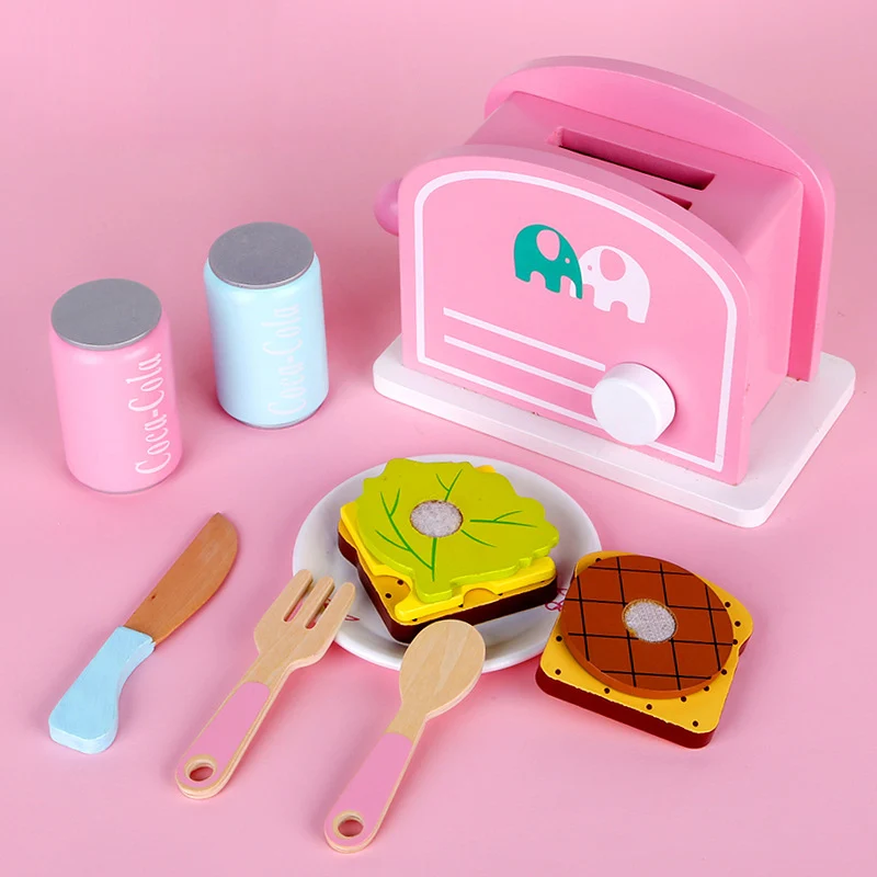 

Children's wooden toy kitchen simulation cooking puzzle game wooden mini bread machine simulation toy breakfast set boy girl gif