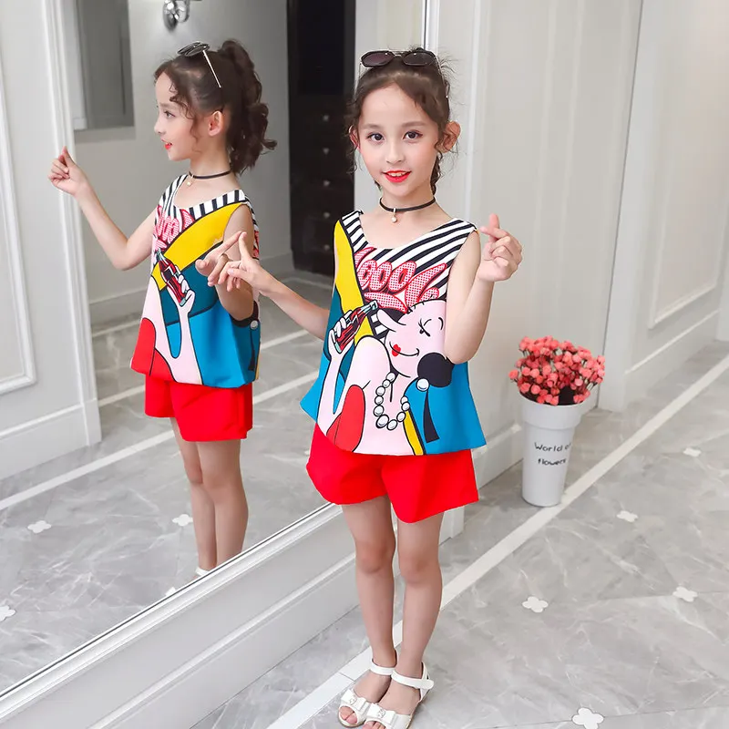 

Kids Girl Stylish Street Fashion Clothes Set Kids Hip Hop Clothing for Girls American Street Clothing Vest + Shorts 2Pcs Set