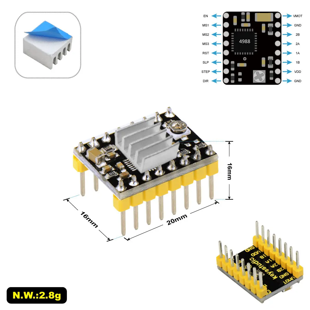 5 шт./лот) A4988 шаговый M otor Драйвер+ радиатор для 3 D принтера, Reprap, RAMPS1.4 для arduino