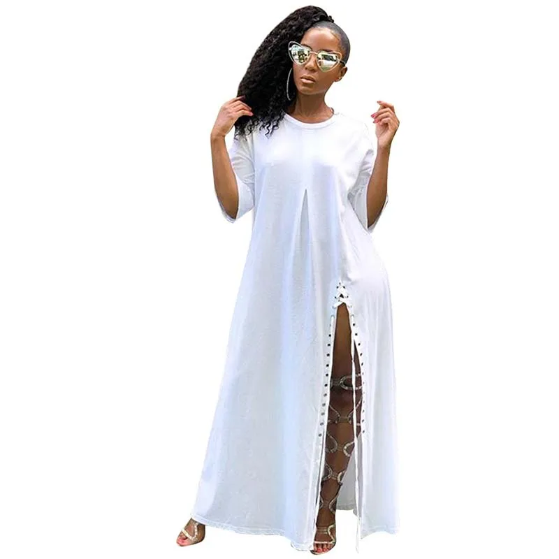 

Africa Clothing Casual Solid White Dress Women Bandage O-Neck Half Sleeve Loose Maxi Dress Nightclub
