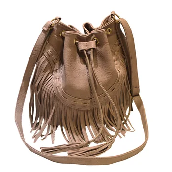

Fashion Drawstring Tassel Shoulder Bag for Women PU Leather Crossbody Messenger Bags Black/Grey/Pink/Brown