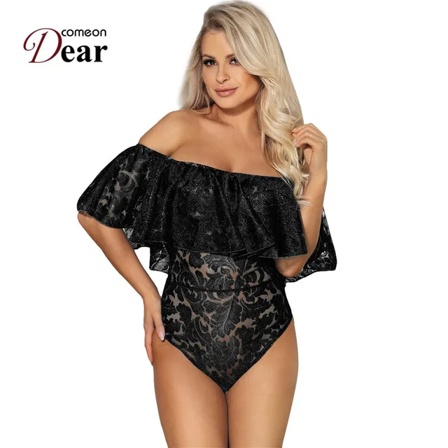 Comeondear Lace Ruffle Off The Shoulder Bodysuit RK80496 Large Size Sexy Floral Lace Bodysuit Women Rompers Overalls Playsuit