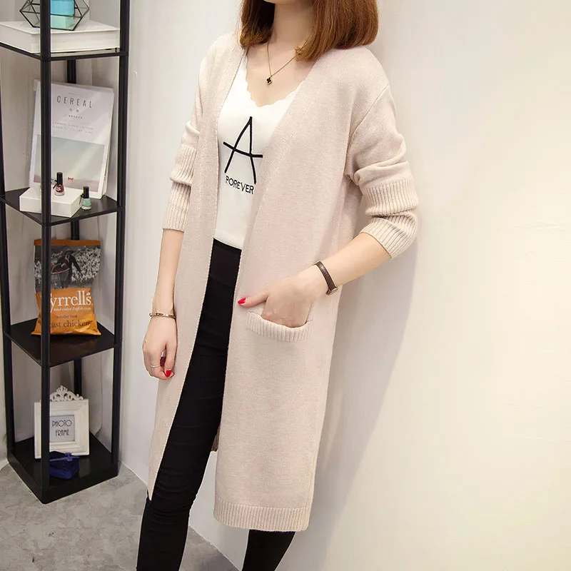 

Spring women's clothing without collar in the long sweater coat knit cardigan autumn Han thick solid color pocket Slim wild top