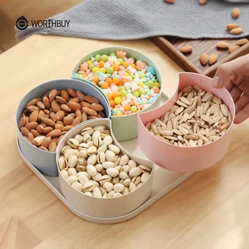 

WORTHBUY New Year Food Storage Container Snacks Dry Fruits Storage Box With Lid Wheat Straw Plastic Container Kitchen Organizer