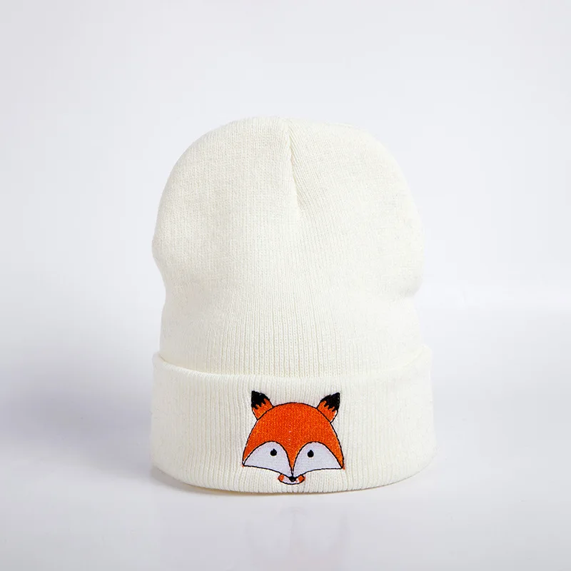 

New Lovely Cute Fox Winter Embroidery Pattern Hat For Women Knitted Winter Hats Fashion Knitted Hats Female For women Thick Hats