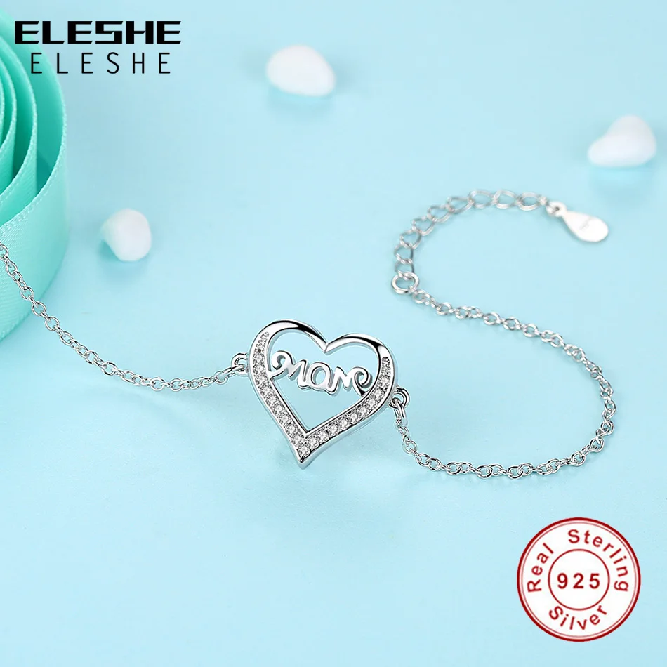 ELESHE Cubic Zirconia Mom Heart Bracelets & Bangles 925 Sterling Silver Fashion Jewelry Adjustable Hand Chain Gift For Women