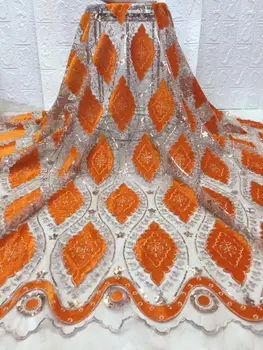 

African Lace Fabric 2019 High Quality Lace Sequin Fabric French Nigerian wholesale Lace Fabric Orange Embroidery Wedding Lace X6