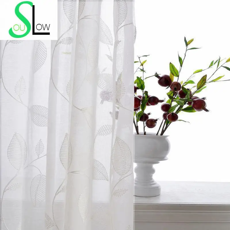 Slow Soul White Leaves European Linen Embroidered Curtains For Living