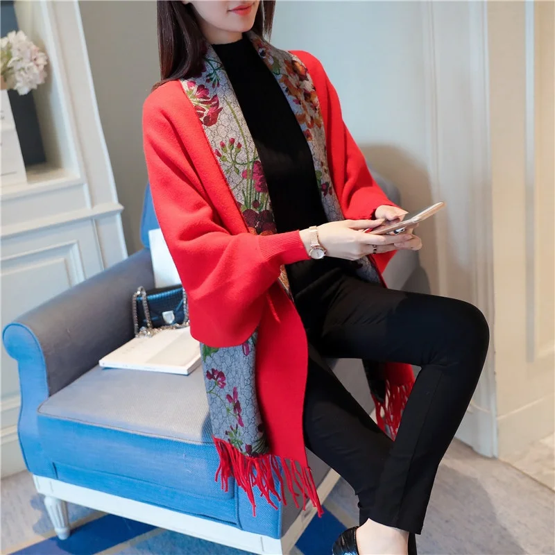 

Batwing Sleeve Flower Print Winter Cashmere Poncho Women Knitted Tassels Sweater Cardigan Coat Rebeca Mujer Poncho Cape