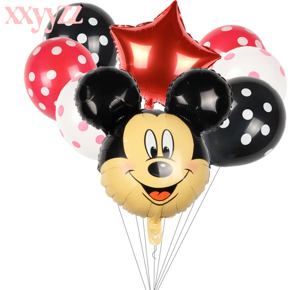 

XXYYZZ 8pcs/lot Minnie Mickey Mouse Head Happy Birthday Foil Balloons Decoration Cartoon Party Supplies Wave Point Latex Balloon