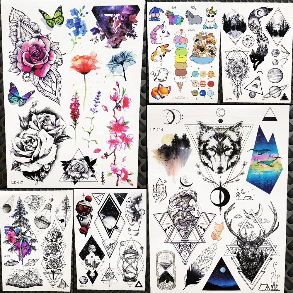 

YURAN Watercolor Arm Tattoo Stickers Women Body Artm Temporary Tattoo Men Fashion Geometric Totem Fake Chest Tatoo Triangle Wolf