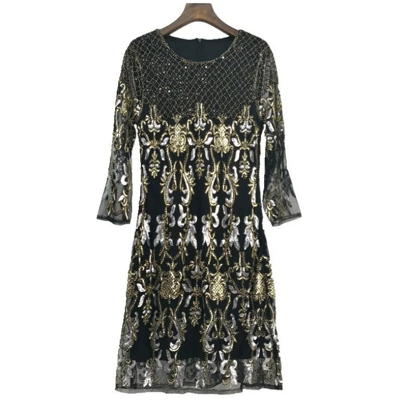 Sequined Beading Dresses Women Fashion O-Neck Long Sleeve Luxury Lace Dress