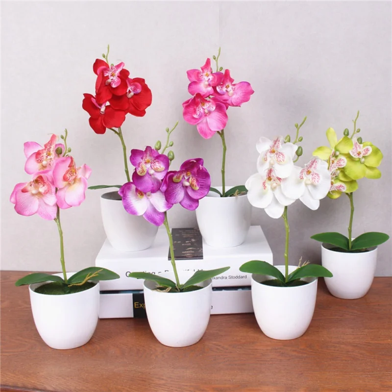 Фаленопсис горшках искусственные цветы, орхидеи+ лист пены+ пластиковая ваза имитация цветов для дома Декор бонсай подарок