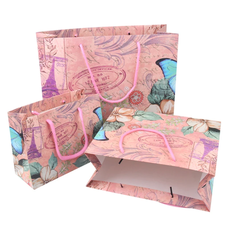 

Flower Kraft Paper Gift Bag with Handles for Jewelry Birthday Party Wedding Decorations Favors Candy Shopping Bags Packaging