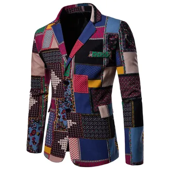 

Men's Blazers 2018 Spring Nationality Leaf Floral Printed Men's Fashion Single Button Suit Jacket Male Long-Sleeved Coat Blazers