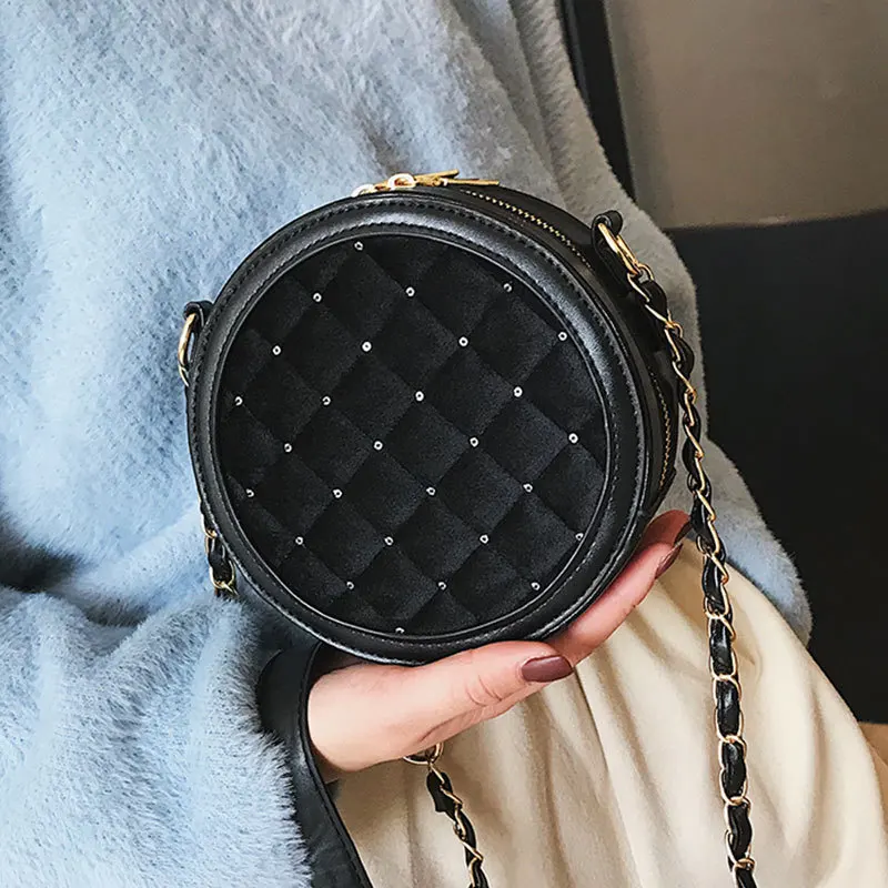

Luxury Brand Plaid Small Round Bag Mini Velvet Women Bag Chain Shoulder Messenger Bag Evening Clutch Purses and Handbags 2019