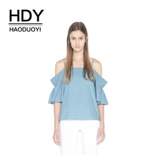 HDY haoduoyi 2019 Off Shoulder Falbala Slash Neck Sweet Solid Blouse Simple Spaghetti Strap Denim Half Sleeve For Lady HDY haoduoyi 2019 Off Shoulder Falbala Slash Neck Sweet Solid Blouse Simple Spaghetti Strap Denim Half Sleeve For Lady