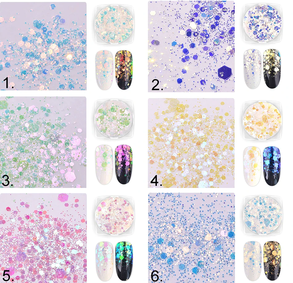 Радужная Ослепительная блестящая смесь, "Белоснежка", переливающийся, шестиугольный, дизайн ногтей, смола УФ 6 шт ультратонкие шестигранные хлопья русалки