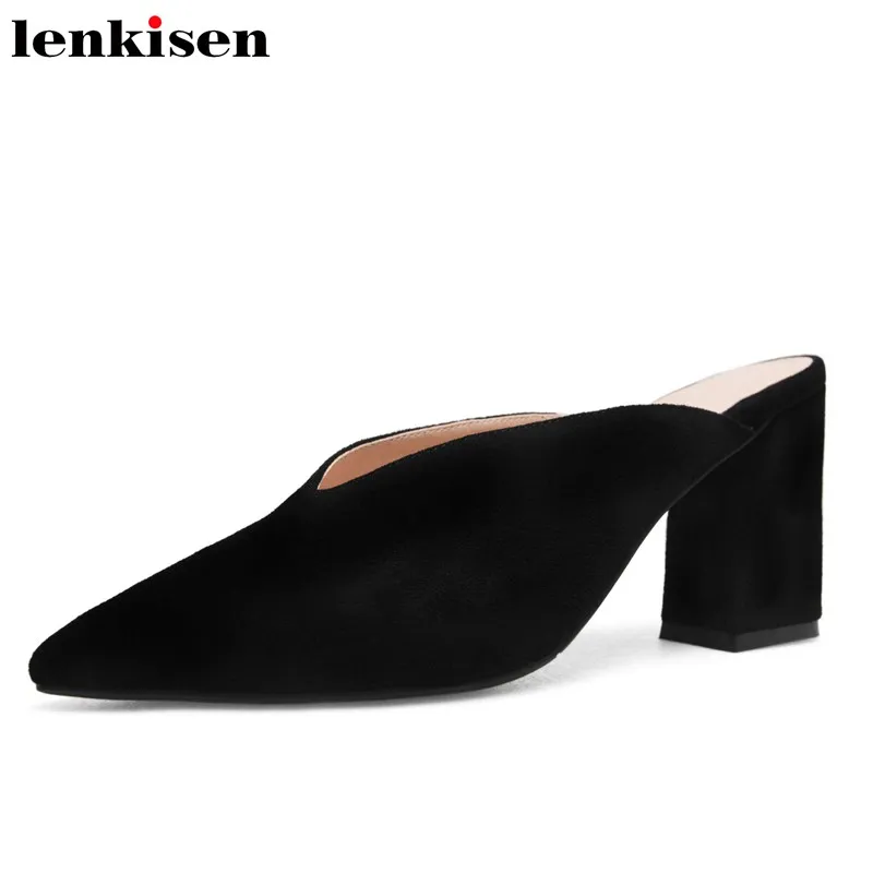 

Lenkisen handmade pointed toe slip on kid suede brand summer shoes high heels slingback mules elegant meeting women pumps L6f1