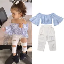 2PCS Fashion Toddler Kids Baby Girls Clothes Set Summer Off Shoulder Striped Flare Sleeve Tops+Ripped Hole Pants Outfits 2PCS Fashion Toddler Kids Baby Girls Clothes Set Summer Off Shoulder Striped Flare Sleeve Tops+Ripped Hole Pants Outfits
