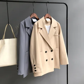 

2019 New Spring Solid Blazer Coat Women Double Breasted Cotton Chic Long Leisure Suit Jacket Female Khaki Blue Casual Cardigan