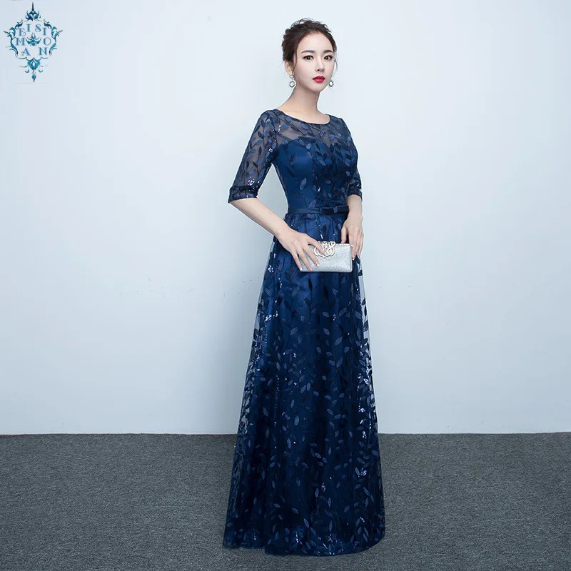 

Ameision Long Evening Dress 2019 Hot Sale Scoop Neck Half Sleeves Navy Blue Lace Up Formal Evening Dresses Robe De Soiree