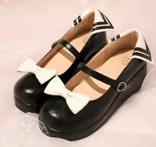 Women Marine Style Lolita Shoes Ladies Wedge Heel Pumps New 2017 Bow Shoes Japanese Student Shoes Free Shipping
