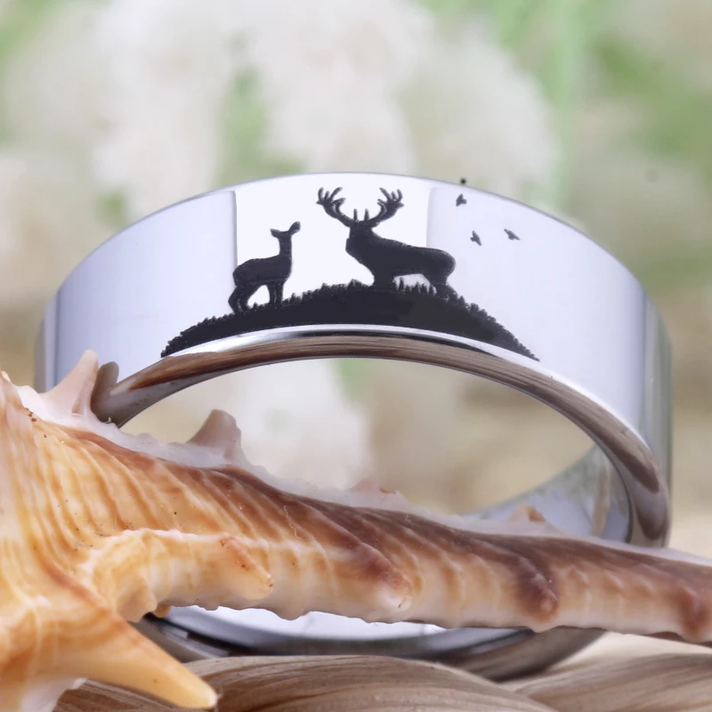 

Men's Silver Tungsten Hunting Ring Wedding Band Deer Stag Silhouette Design Deer Family Tungsten Rings Comfort Fit Drop Shipping