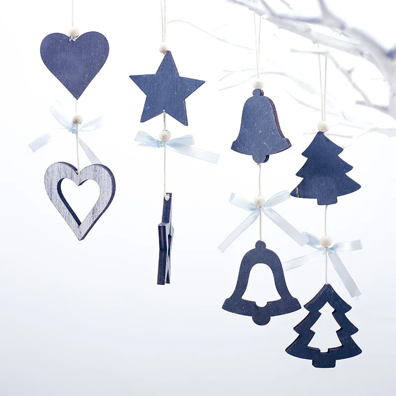 

Navy Blue Wooden Craft Christmas Tree Decor Hanging Pendant Bell Star Heart Ornament Christmas Decoration for Home Xmas Party